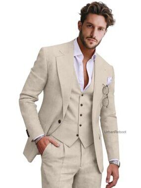 Men Linen Suit 3 Piece Set Tuxedo Jacket Vest Pants Beach Wedding Prom